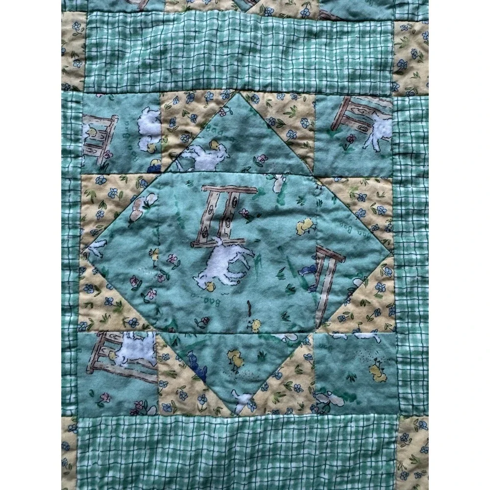 Vintage Baa Baa Black Sheep Baby Quilt‎ Blanket Green Yellow Plaid Nursery 39x39